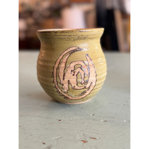 Handcrafted Stoneware Pottery Vase w Abstract Earth Tone Design Ribbed Texture