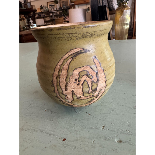 Handcrafted Stoneware Pottery Vase w Abstract Earth Tone Design Ribbed Texture