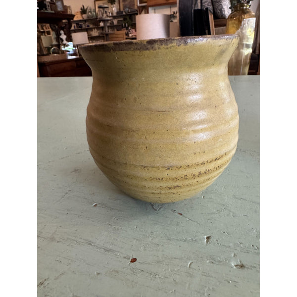 Handcrafted Stoneware Pottery Vase w Abstract Earth Tone Design Ribbed Texture