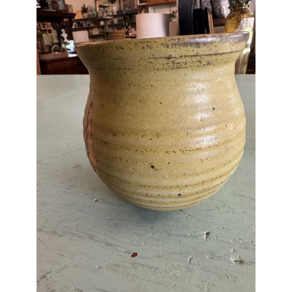 Handcrafted Stoneware Pottery Vase w Abstract Earth Tone Design Ribbed Texture