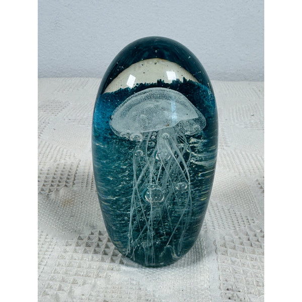 Hand Blown Glass Jellyfish Paperweight Decor Oceanic Blue Accents Coastal Decor