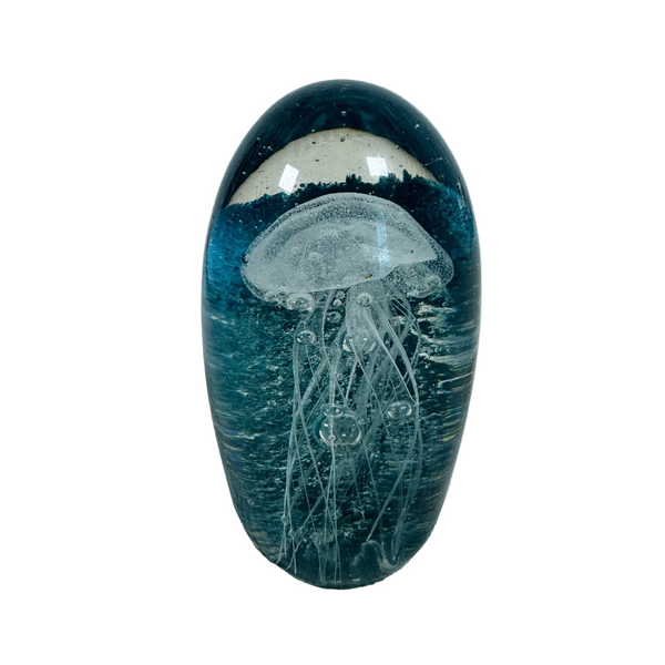 Hand Blown Glass Jellyfish Paperweight Decor Oceanic Blue Accents Coastal Decor