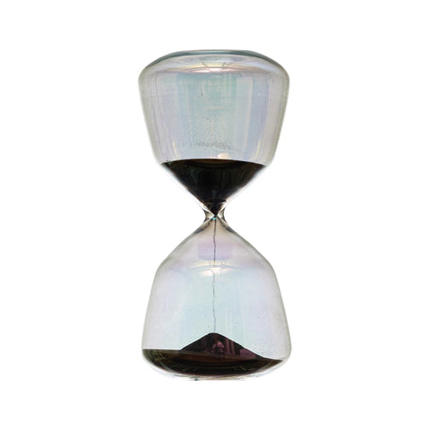  4" Round x 8-1/2"H Decorative Glass Hourglass w/ Black Sand, Iridescent Finish