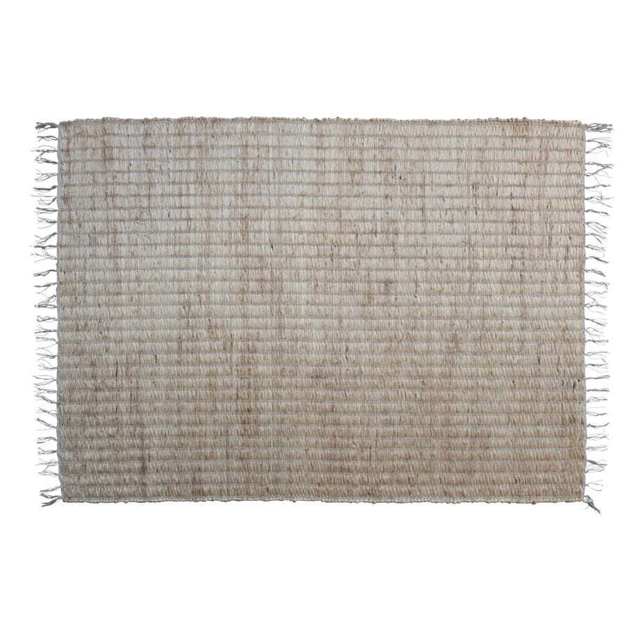 Woven Bleached Jute & Cotton Rug w/ Fringe