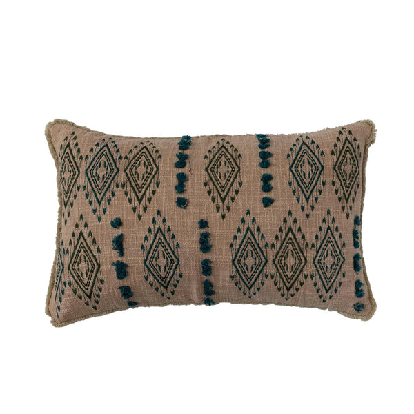 Cotton Slub Lumbar Pillow w/ Embroidered Pattern & Fringe