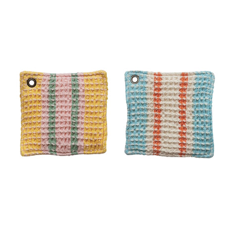 Woven Cotton Waffle Weave Pot Holder w/ Stripes & Metal Grommet