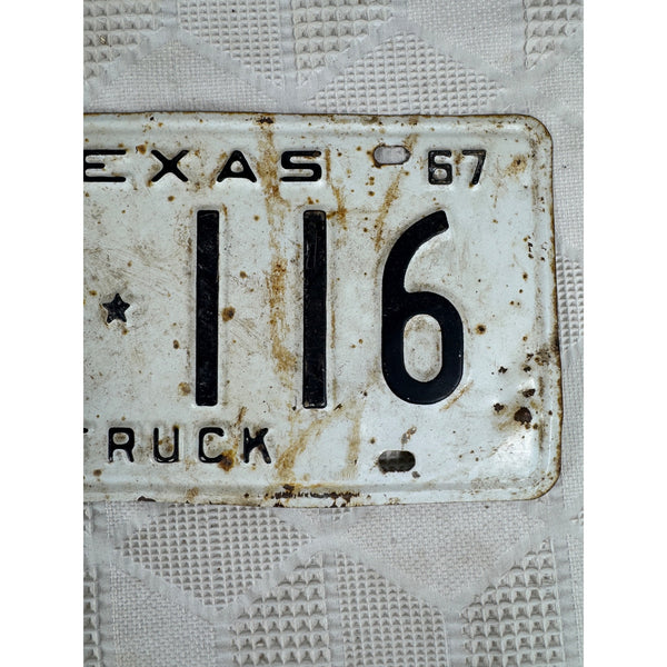 Vintage 1967 Texas Truck License Plate 2C 116 White w Black Embossed Lettering