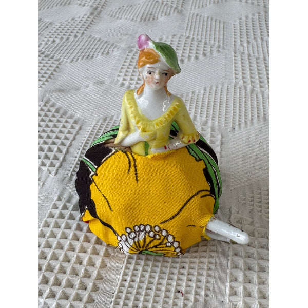 Antique Japanese Porcelain Lady Half Doll Pin Cushion with Porcelain Legs 1920s