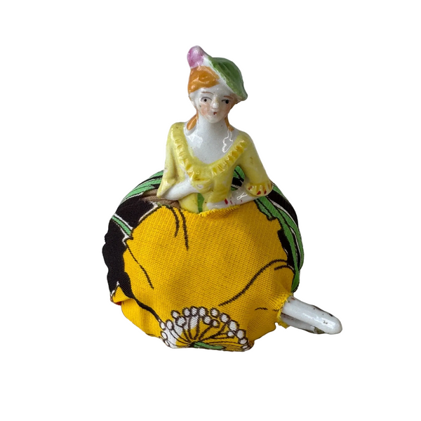 Antique Japanese Porcelain Lady Half Doll Pin Cushion with Porcelain Legs 1920s