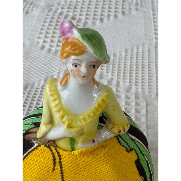 Antique Japanese Porcelain Lady Half Doll Pin Cushion with Porcelain Legs 1920s