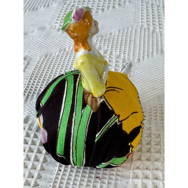 Antique Japanese Porcelain Lady Half Doll Pin Cushion with Porcelain Legs 1920s