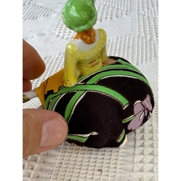 Antique Japanese Porcelain Lady Half Doll Pin Cushion with Porcelain Legs 1920s