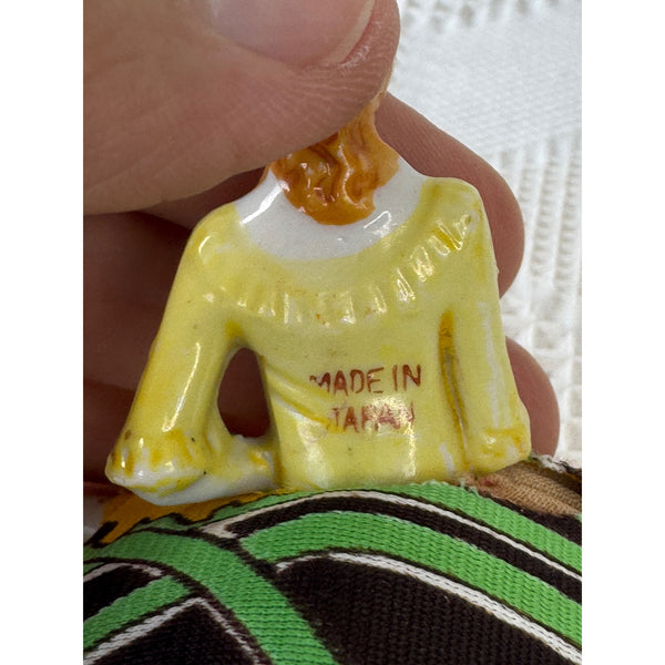 Antique Japanese Porcelain Lady Half Doll Pin Cushion with Porcelain Legs 1920s