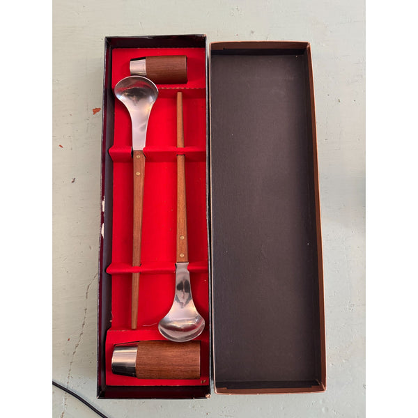 Vintage Mid Century Swedish Wood and Stainless Steel Serving Set In Box