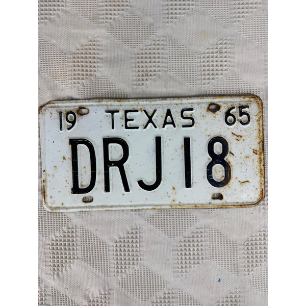 1965 Texas License Plate DRJ18 Vintage Metal White w Black Embossed Lettering