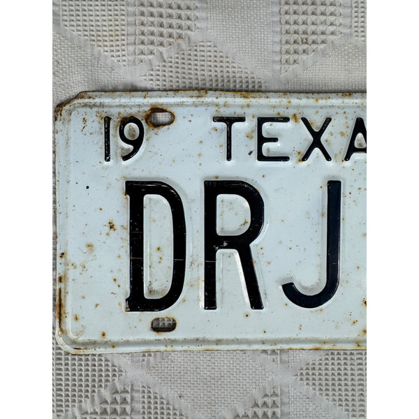 1965 Texas License Plate DRJ18 Vintage Metal White w Black Embossed Lettering