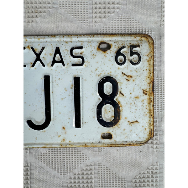 1965 Texas License Plate DRJ18 Vintage Metal White w Black Embossed Lettering