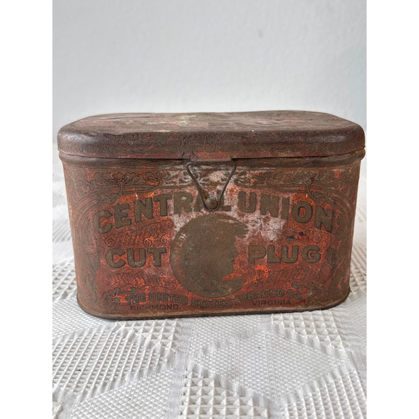 Antique Central Union Cut Plug Tobacco Tin With Hinged Lid and Vintage Graphics