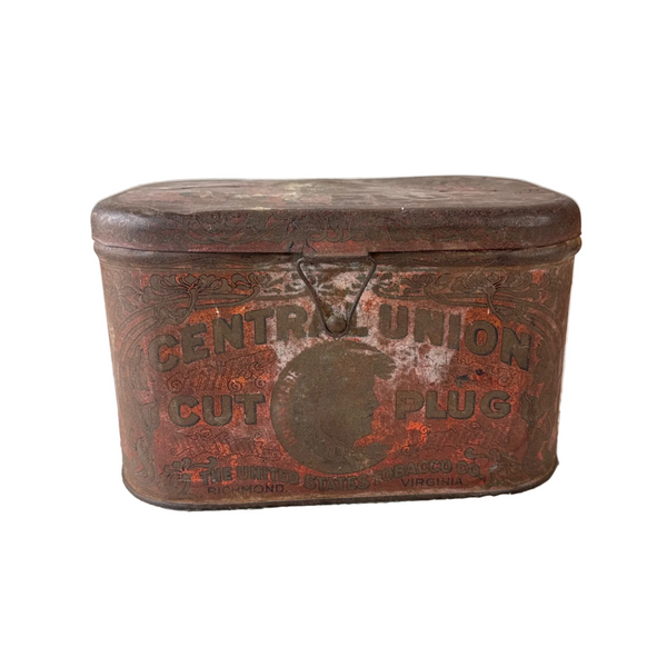 Antique Central Union Cut Plug Tobacco Tin With Hinged Lid and Vintage Graphics