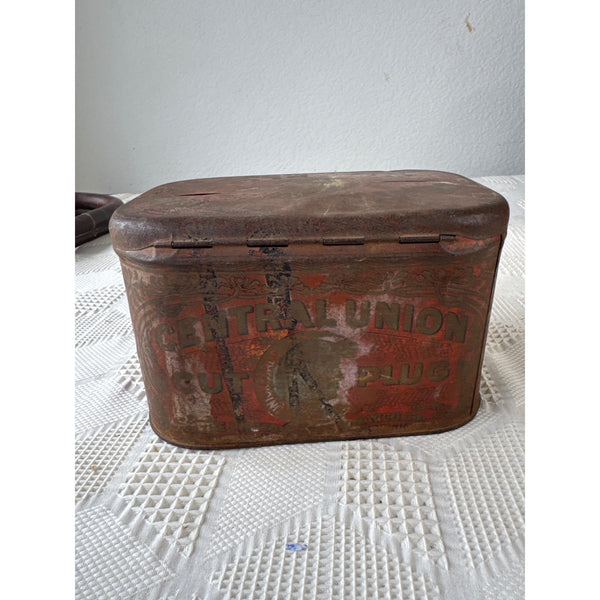 Antique Central Union Cut Plug Tobacco Tin With Hinged Lid and Vintage Graphics