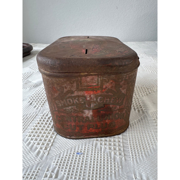 Antique Central Union Cut Plug Tobacco Tin With Hinged Lid and Vintage Graphics