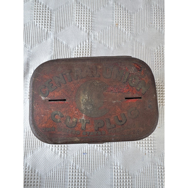Antique Central Union Cut Plug Tobacco Tin With Hinged Lid and Vintage Graphics