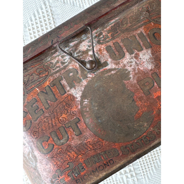 Antique Central Union Cut Plug Tobacco Tin With Hinged Lid and Vintage Graphics