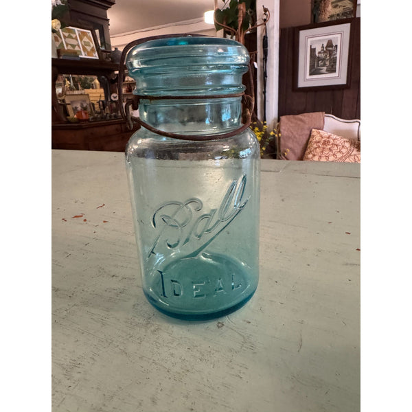 Antique 1920s Ball Ideal Blue Glass Canning Jar With Lid and Metal Bail Closure