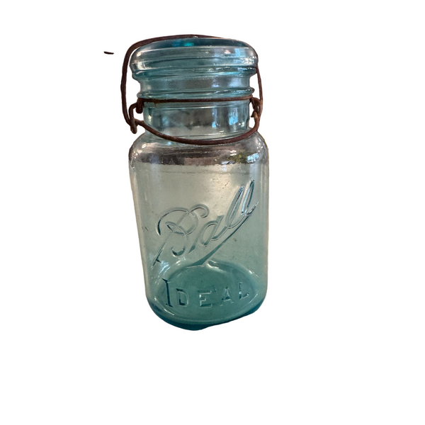 Antique 1920s Ball Ideal Blue Glass Canning Jar With Lid and Metal Bail Closure
