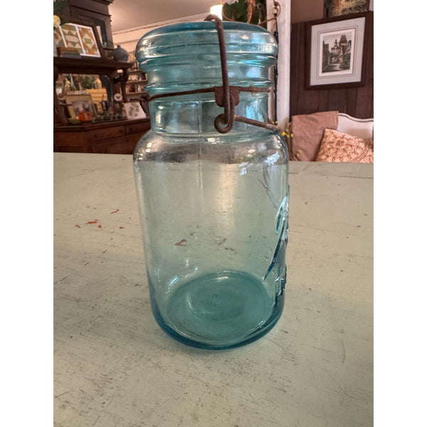 Antique 1920s Ball Ideal Blue Glass Canning Jar With Lid and Metal Bail Closure