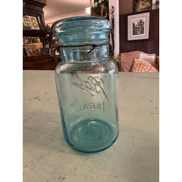 Antique 1920s Ball Ideal Blue Glass Canning Jar With Lid and Metal Bail Closure