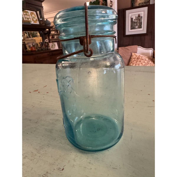Antique 1920s Ball Ideal Blue Glass Canning Jar With Lid and Metal Bail Closure