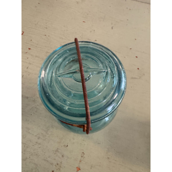 Antique 1920s Ball Ideal Blue Glass Canning Jar With Lid and Metal Bail Closure