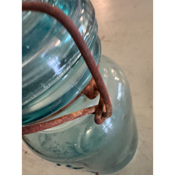 Antique 1920s Ball Ideal Blue Glass Canning Jar With Lid and Metal Bail Closure