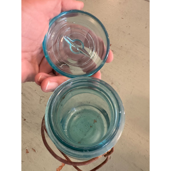 Antique 1920s Ball Ideal Blue Glass Canning Jar With Lid and Metal Bail Closure