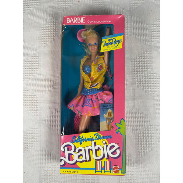 California Dream Barbie Doll w Comic and Beach Boys Record 1987 Mattel 4439 NIB. Vintage 1991 Barbie California Dream doll in its original pink and blue packaging, featuring the character in a yellow and pink outfit.