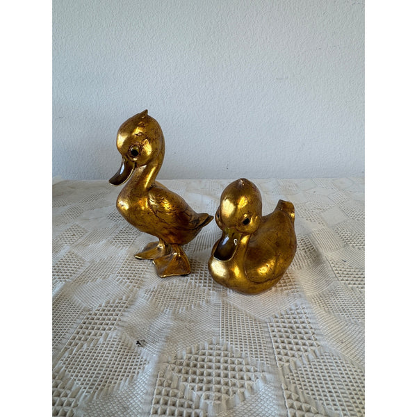 Freeman McFarlin 22K Gold Leaf Ceramic Ducks Pair Mid Century Decor Signed