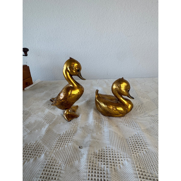 Freeman McFarlin 22K Gold Leaf Ceramic Ducks Pair Mid Century Decor Signed