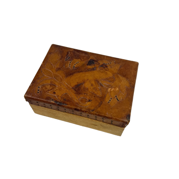 Hand Carved Vintage Wooden Trinket Box w Embossed Leather Floral Design c1950s