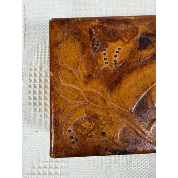Hand Carved Vintage Wooden Trinket Box w Embossed Leather Floral Design c1950s