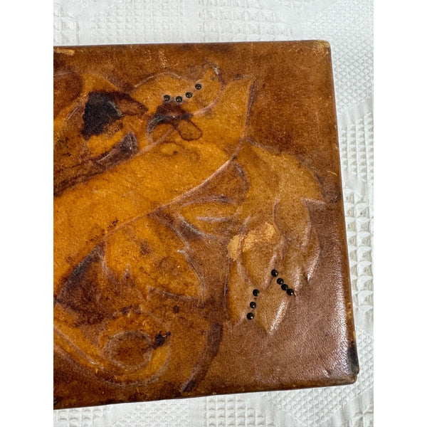 Hand Carved Vintage Wooden Trinket Box w Embossed Leather Floral Design c1950s