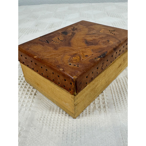 Hand Carved Vintage Wooden Trinket Box w Embossed Leather Floral Design c1950s