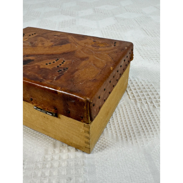 Hand Carved Vintage Wooden Trinket Box w Embossed Leather Floral Design c1950s