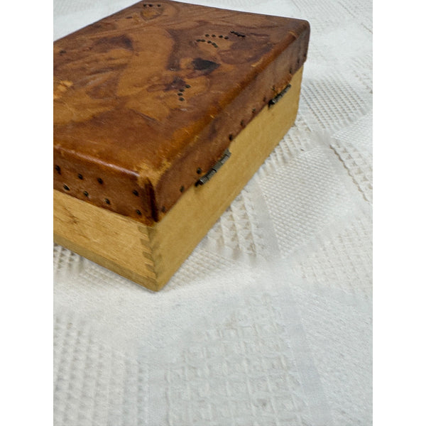 Hand Carved Vintage Wooden Trinket Box w Embossed Leather Floral Design c1950s