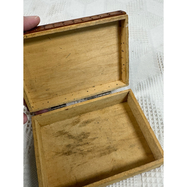 Hand Carved Vintage Wooden Trinket Box w Embossed Leather Floral Design c1950s