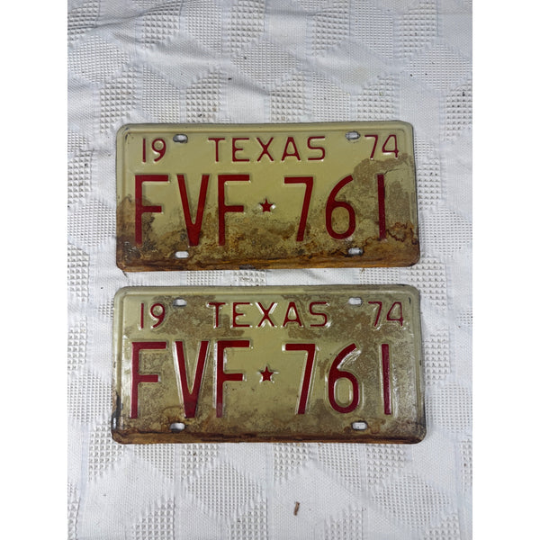 Vintage 1974 Texas License Plates Pair FVF 761 White w Red Embossed Text