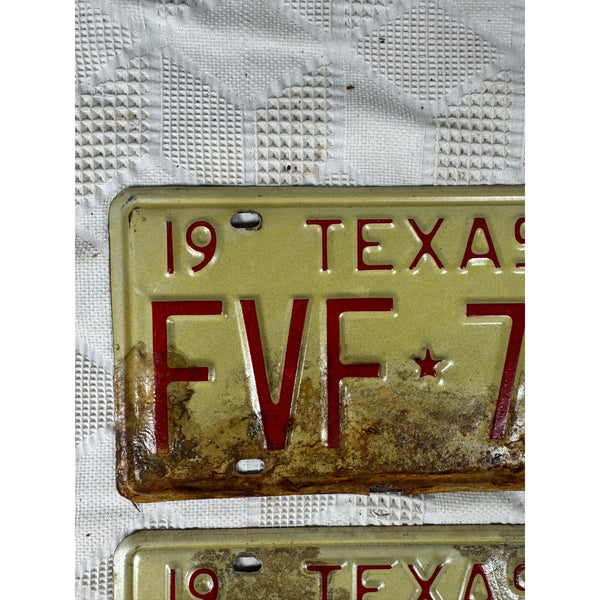 Vintage 1974 Texas License Plates Pair FVF 761 White w Red Embossed Text