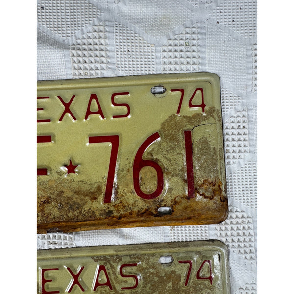 Vintage 1974 Texas License Plates Pair FVF 761 White w Red Embossed Text