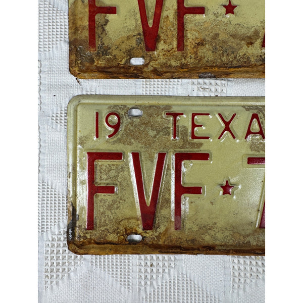Vintage 1974 Texas License Plates Pair FVF 761 White w Red Embossed Text