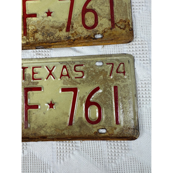 Vintage 1974 Texas License Plates Pair FVF 761 White w Red Embossed Text